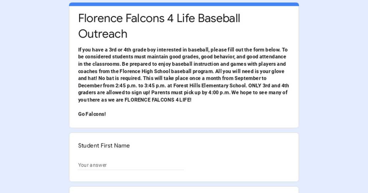Florence Falcons 4 Life Baseball Outreach
