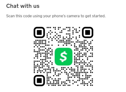 The QR code to scan to begin a chat with the Cash App support team if you find yourself saying, “A Random Person Sent Me Money on Cash App.”