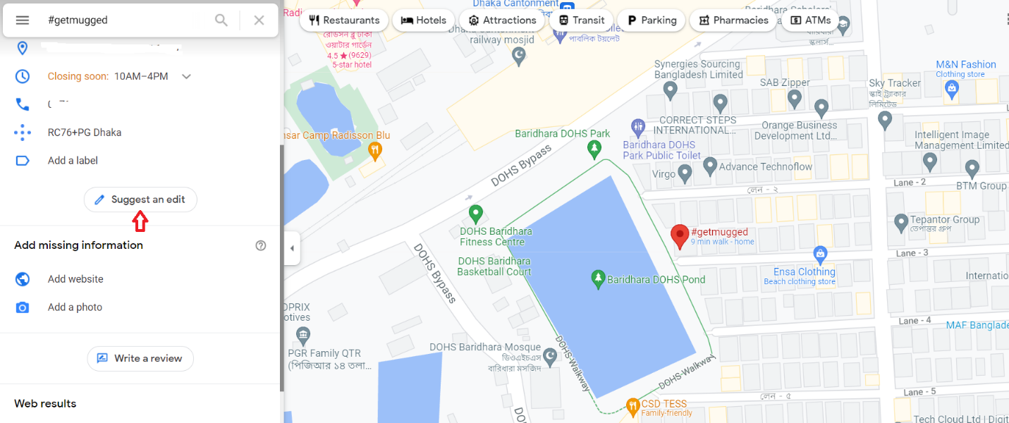 sample business location on Google Maps with an edit option on the left side