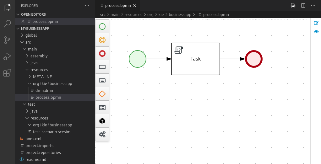 kjar project in VSCode with open BPMN editor
