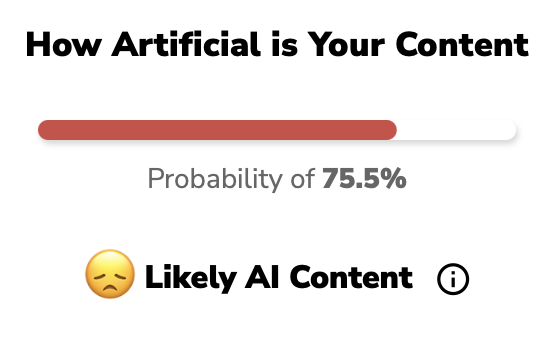 The results screen that shows that there is a 75.5% probability of this blog being AI content. 
