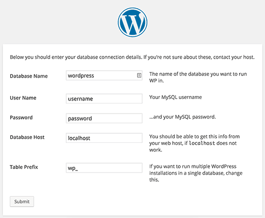 WordPress criando arquivo wp-config.php durante a instalação