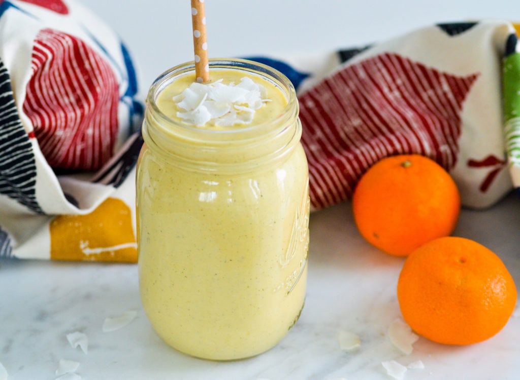 Sunshine Smoothie: Mango, Clementine, Banana, Coconut smoothie with no added sugar and 13 grams of protein