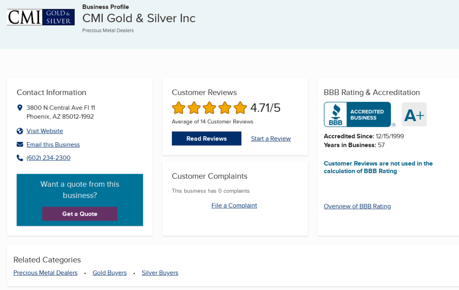 CMI Gold And Silver ratings & reviews BBB 