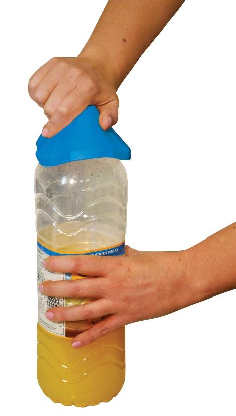 Person using blue aid for the kitchen to open plastic bottle