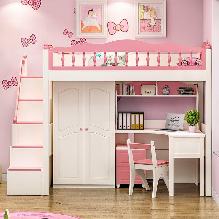 Tủ quần áo âm tường kết hợp bàn làm việc hoặc bàn học và giường mầu hồng cho bé
