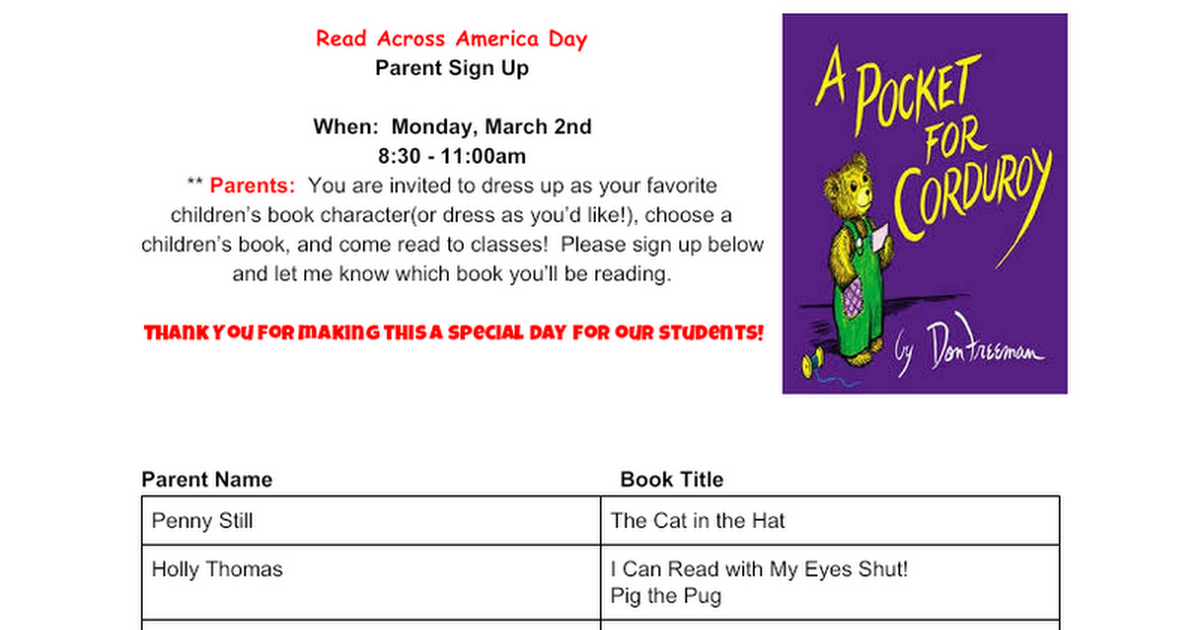 Dr. Suess Day Sign Up