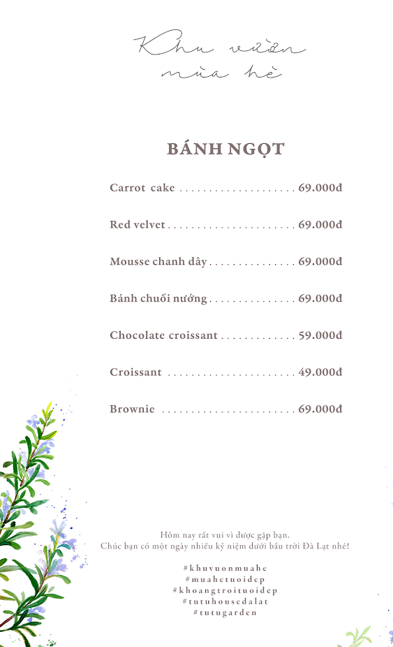 Menu thực đơn tại Khu vườn mùa hè (Nguồn: Internet)