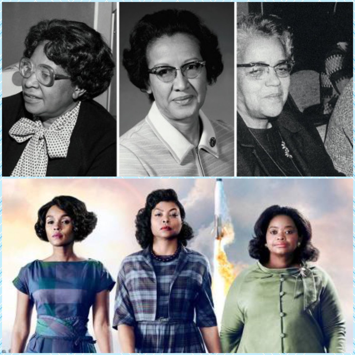 Pictures of Dorothy Vaughan, Mary Jackson, and Katherine Gobels Johnson above the movie poster for Hidden Figures.