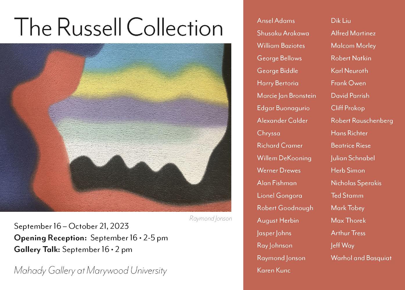 Calling card for The Russel Collection with artwork from Raymond Jonson, and information about the exhibit's showing.