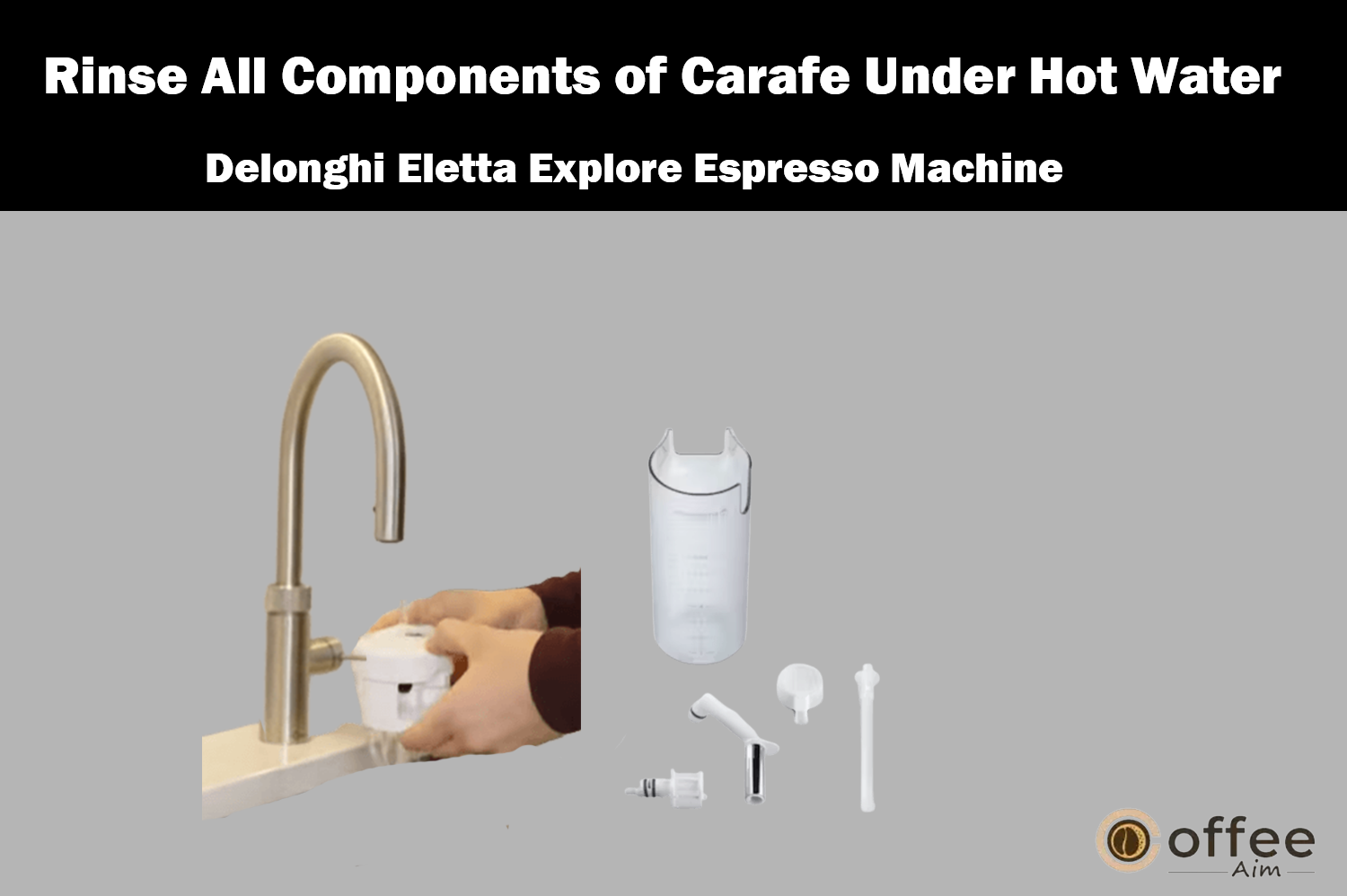 The image shows the procedure of rinsing all carafe components under hot water for the "Delonghi Eletta Explore Espresso Machine," as detailed in the article "How to Use the Delonghi Eletta Explore Espresso Machine."