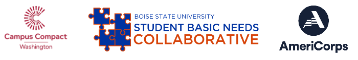 Logos of Washington Campus Compact, Boise State University Student Basic Needs Collaborative, and AmeriCorps
