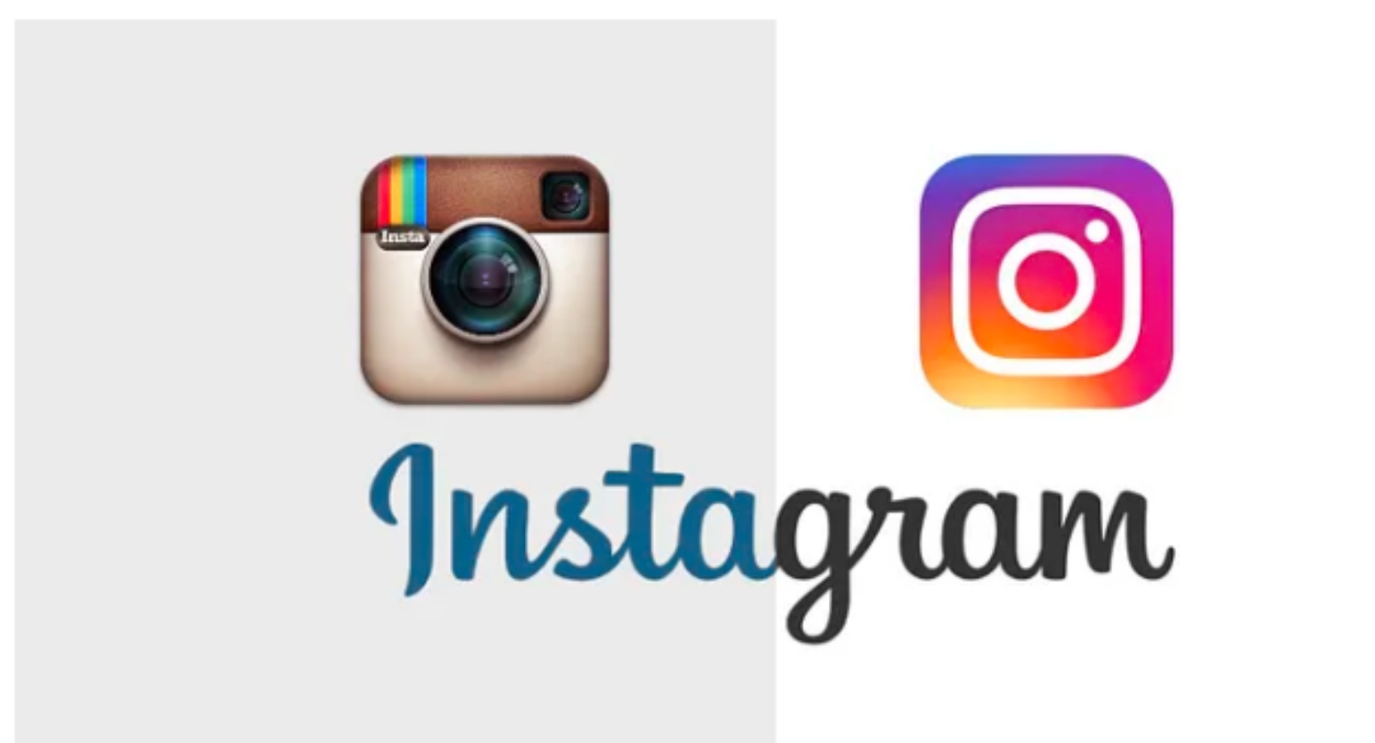 The image shows Instagram's old logo on the left and the new logo on the right, with Instagram written below the two logos.
