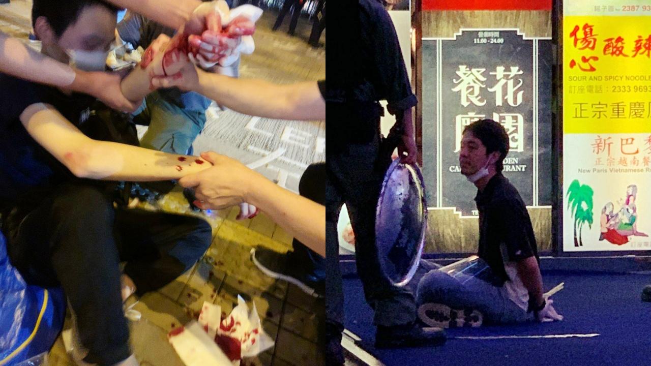 在觀塘,有白衣人持刀想斬記者,被一名黑衣青年搶去刀,才沒有釀成血案。在銅鑼灣,立法會議員許智峯因非法集結於金百利廣場被捕。(粵語組製圖)