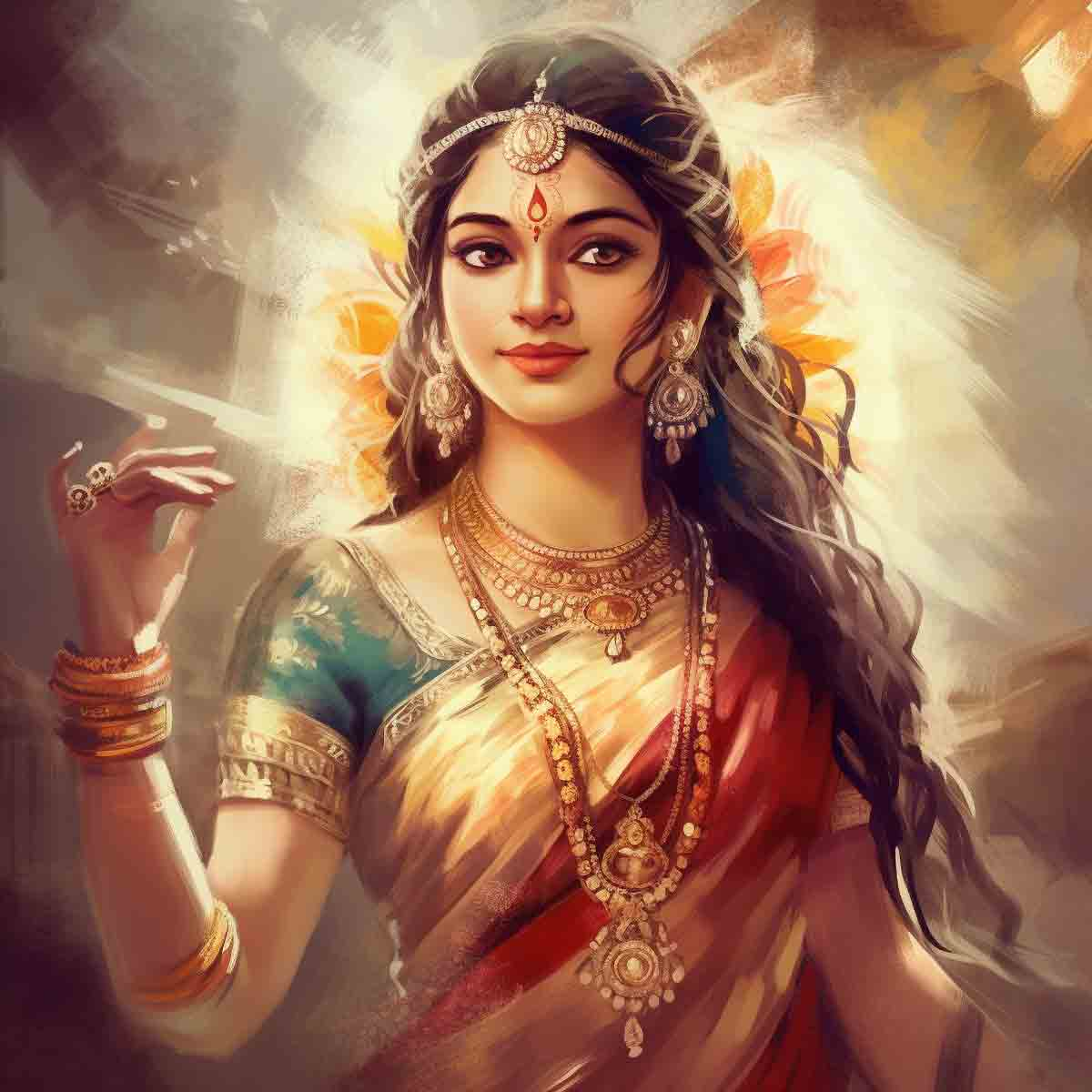 The illustration depicts Parvati wearing a royal green and red sari with gold embellishments. Her jewelry, such as bangles, necklaces, earrings, and headpiece, is all gold, and she is portrayed as a beautiful Indian woman. 