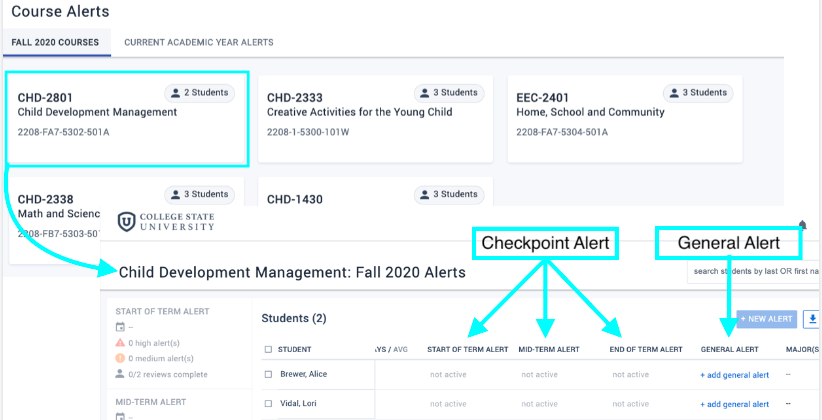 Layout of Course Alerts and how they are separated from General Alerts.