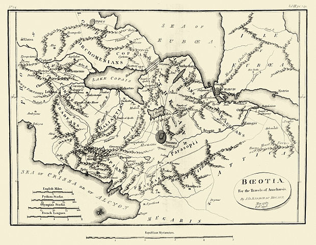 18th century map of the location of Thebes. Athens is to the right. To the bottom is Sparta.