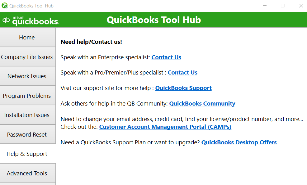 Help and Support Tab of QuickBooks Tool Hub