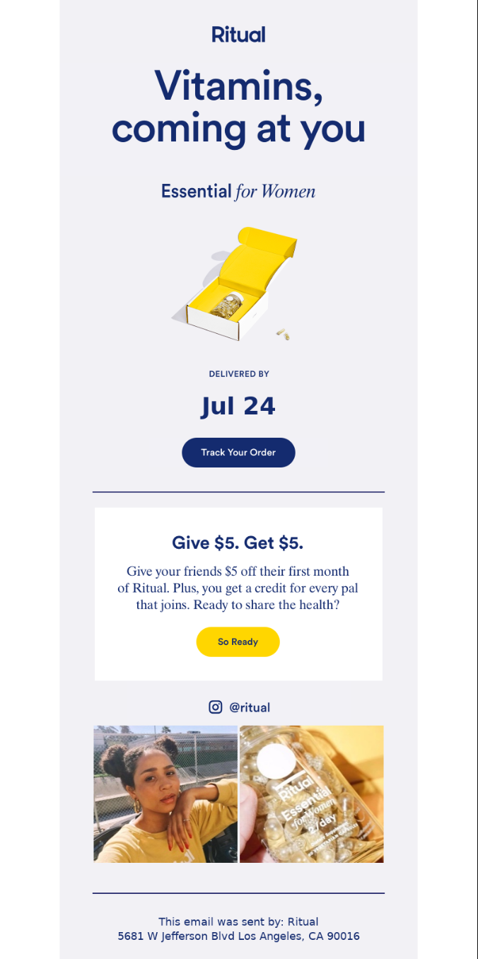 Shipping confirmation email, an example of a post-purchase resource. Ritual’s shipping confirmation email educates existing customers about when they should expect their delivery.