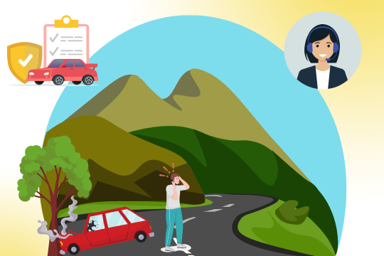 Infographic of man on the side of the road from car accident and calling Carshield