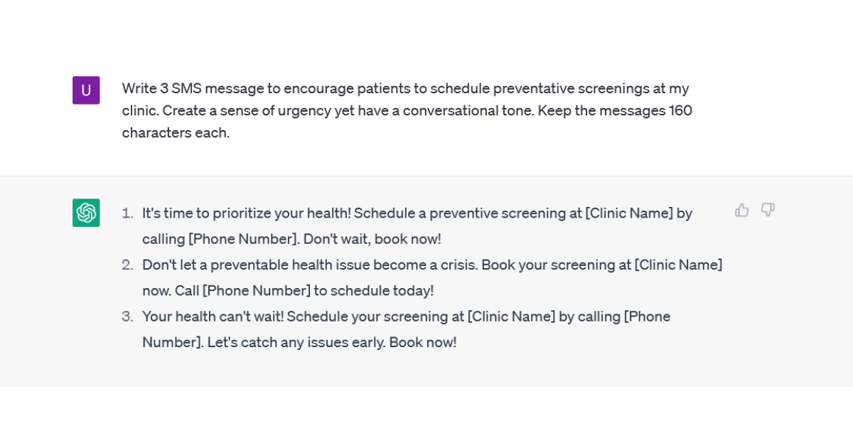 chatgpt prompt and response to encourage preventative screenings