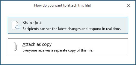 Screenshot showing options to Share link or Attach as copy to an email