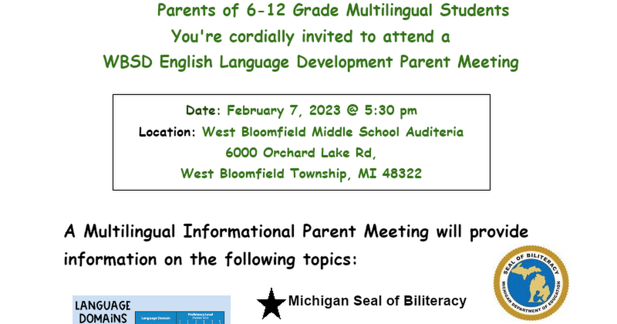 February 6-12 EL Parent Meeting Flyer 2023