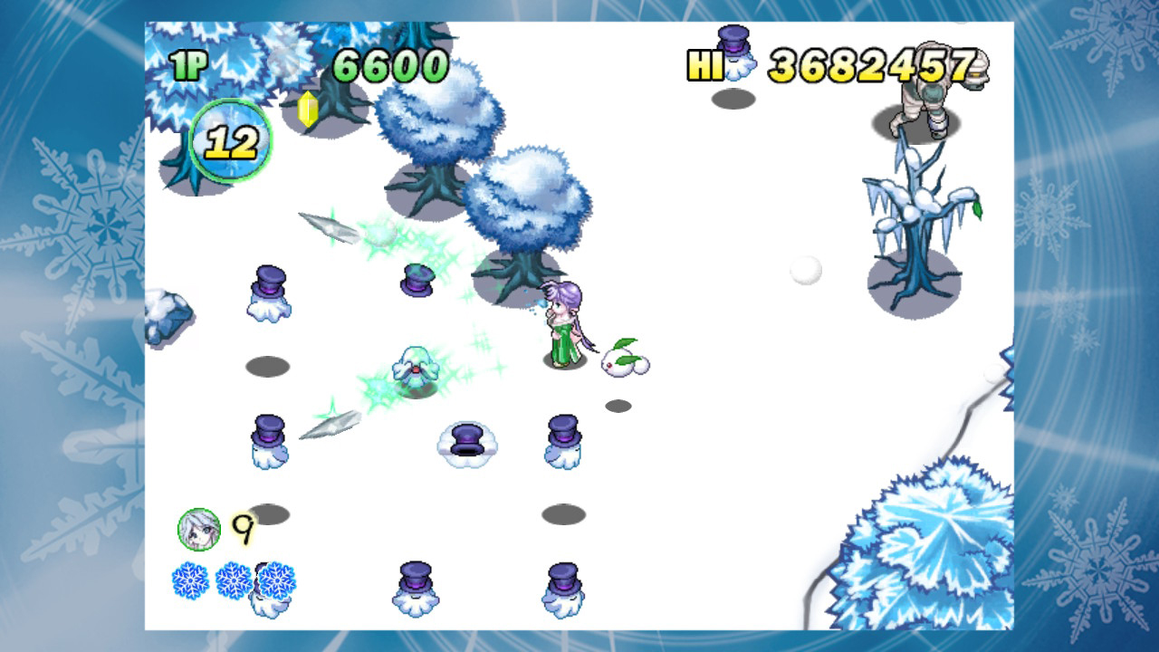 A frozen land with snow covered trees. The princess is firing icicles at enemies.
