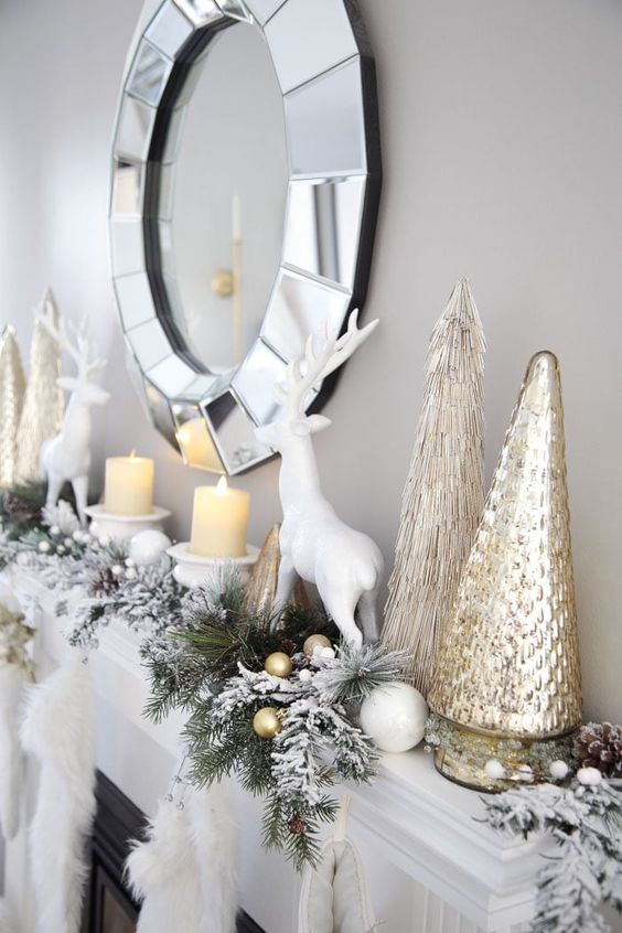 Decoracion navideña elegante 2020 blanco y plata renos navidad hogar