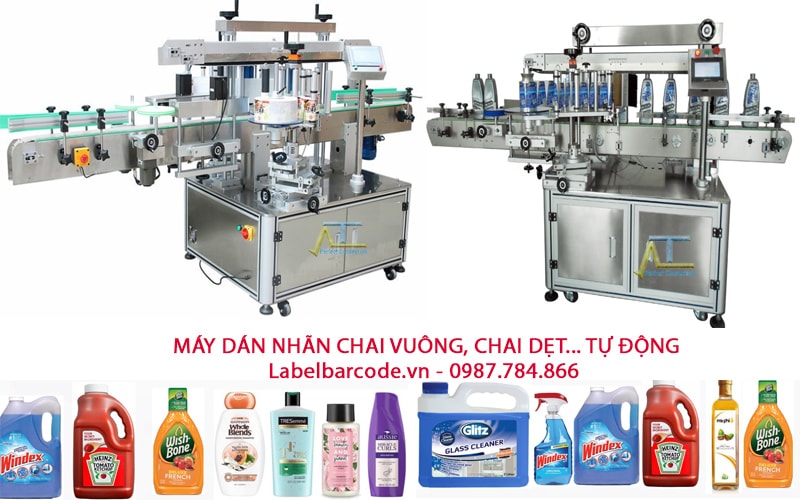 Máy dán nhãn chai vuông, chai dẹt... tự động dán nhãn 2 mặt