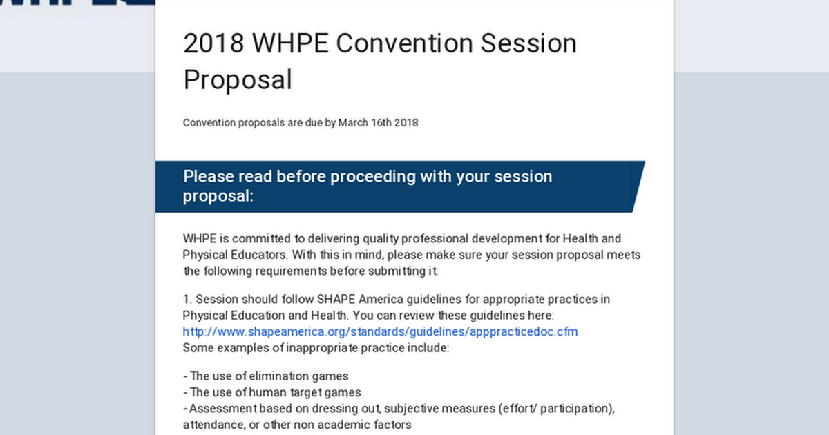 2018 WHPE Convention Session Proposal