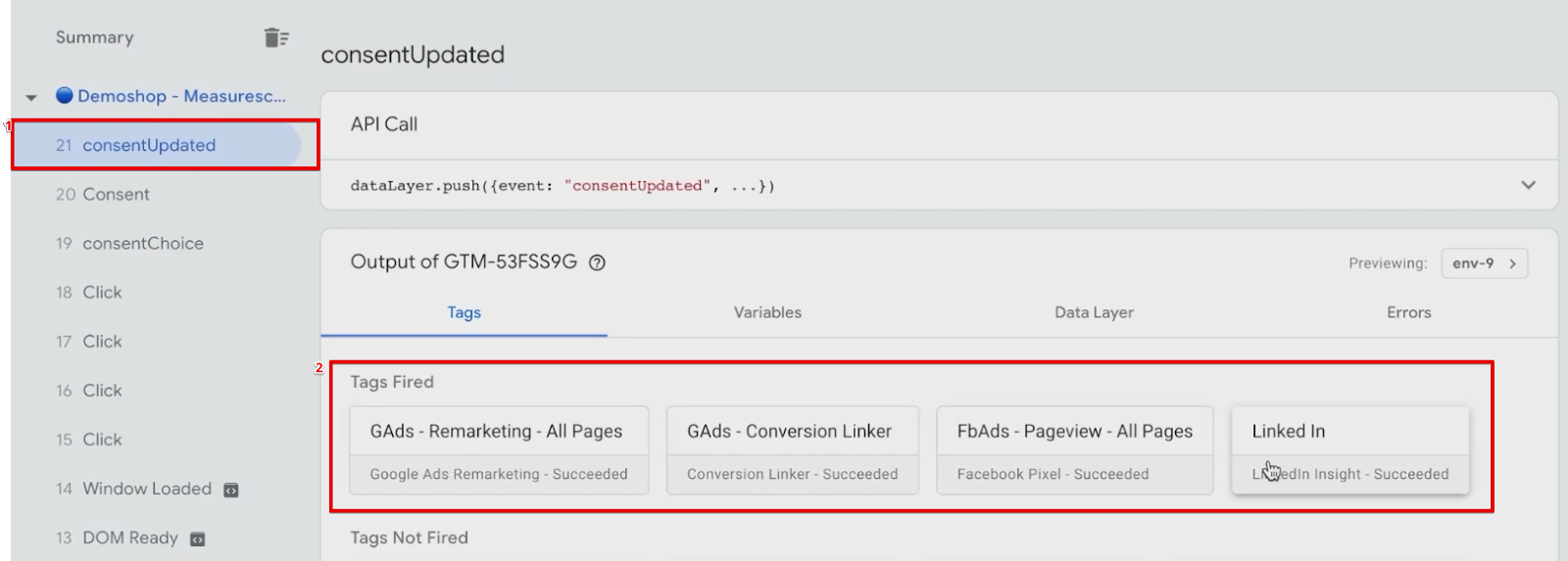 The consentUpdated section of the GTM preview window analyzing fired Tags