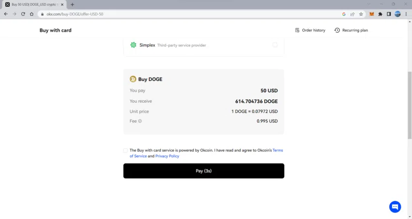 Man sieht einen sechsten Screenshot der Webseite von OKX. Es zeigt einen Kauf von DOGE mit USD - Ein Bild von okx.com.