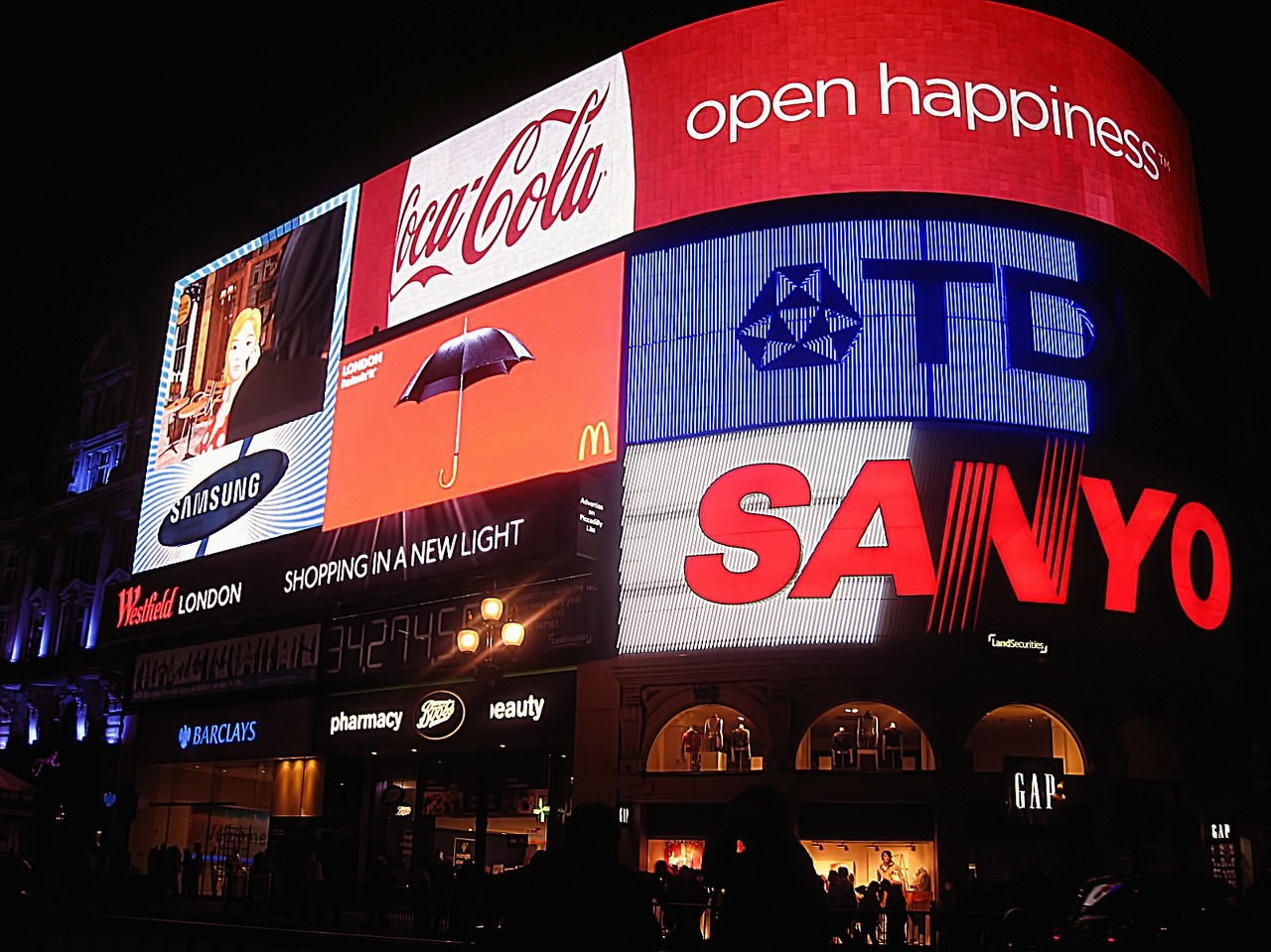 This is an image of digital billboards in London, England.