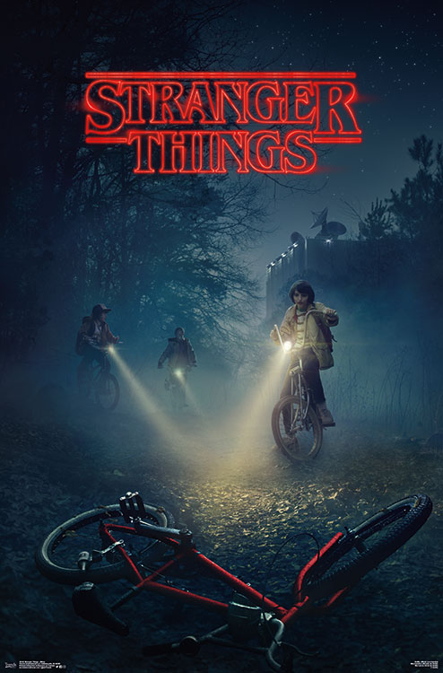 early poster advertisement for Netflix's Stranger Things that depicts three kids on bikes in the woods stopped and looking at an abandoned bike on the the ground