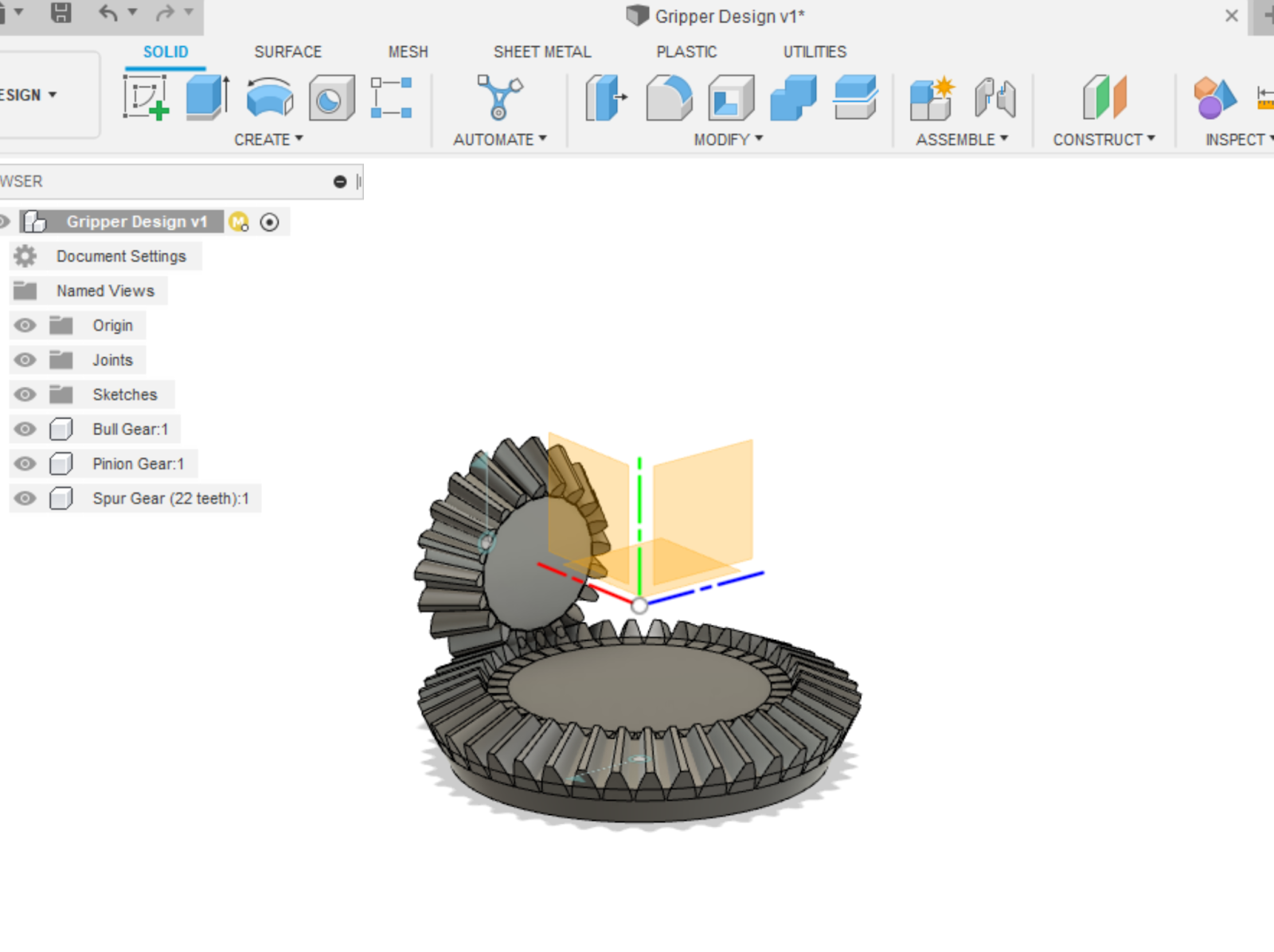 Isometric screenshot of Fusion360 CAD model of perpendicular bevel gears with gear ratio of 2:1. Gear coupled to servo will rotate twice for every one full rotation of bevel gear coupled to claw.