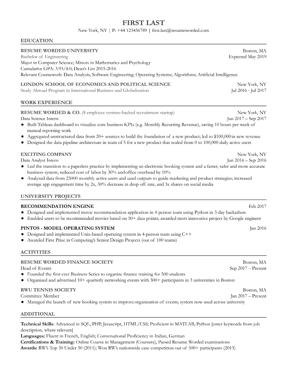 Sample entry level resume including internships and other student activities