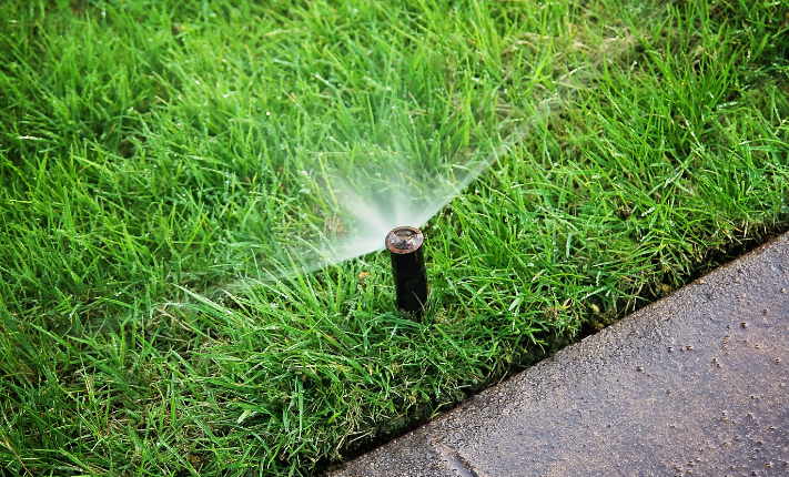 Sprinkler in the grass next to curb spraying water. 