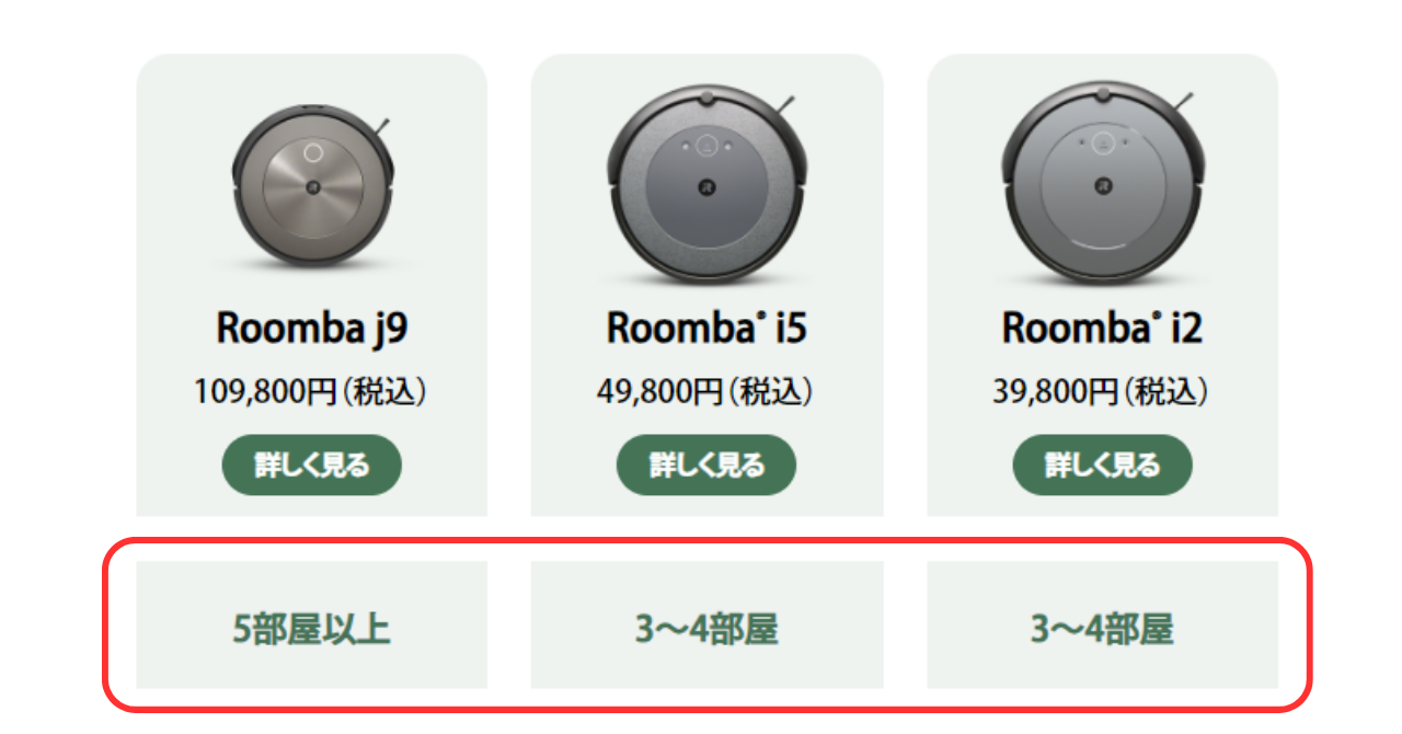 ルンバj9とルンバi5、ルンバi2の比較表