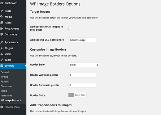 Página de configurações para o plugin WP Image Borders