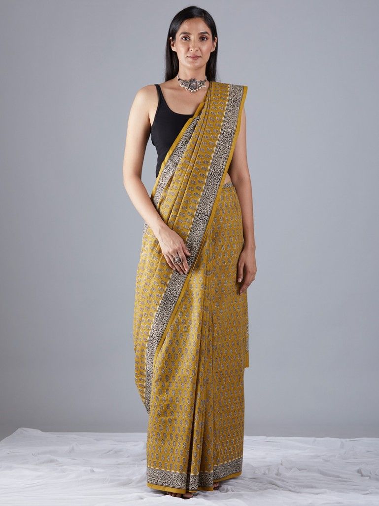 Mustard Yellow Printed Cotton Saree