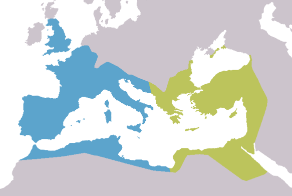Map of Europe depicting the division between the western and eastern halves of the Roman Empire beginning with Diocletian. The dividing line between the two is just to the west of Greece.