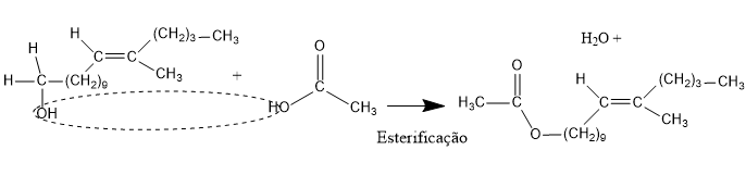 Reação mostrando a obtenção da substância 3 a partir da substância 1 (reação de esterificação):

substância 1
HO-CH2-(CH2)9-CH=CH-(CH2)3-CH3

substância 3
H3CCOO-CH2-(CH2)9-CH=CH-(CH2)3-CH3