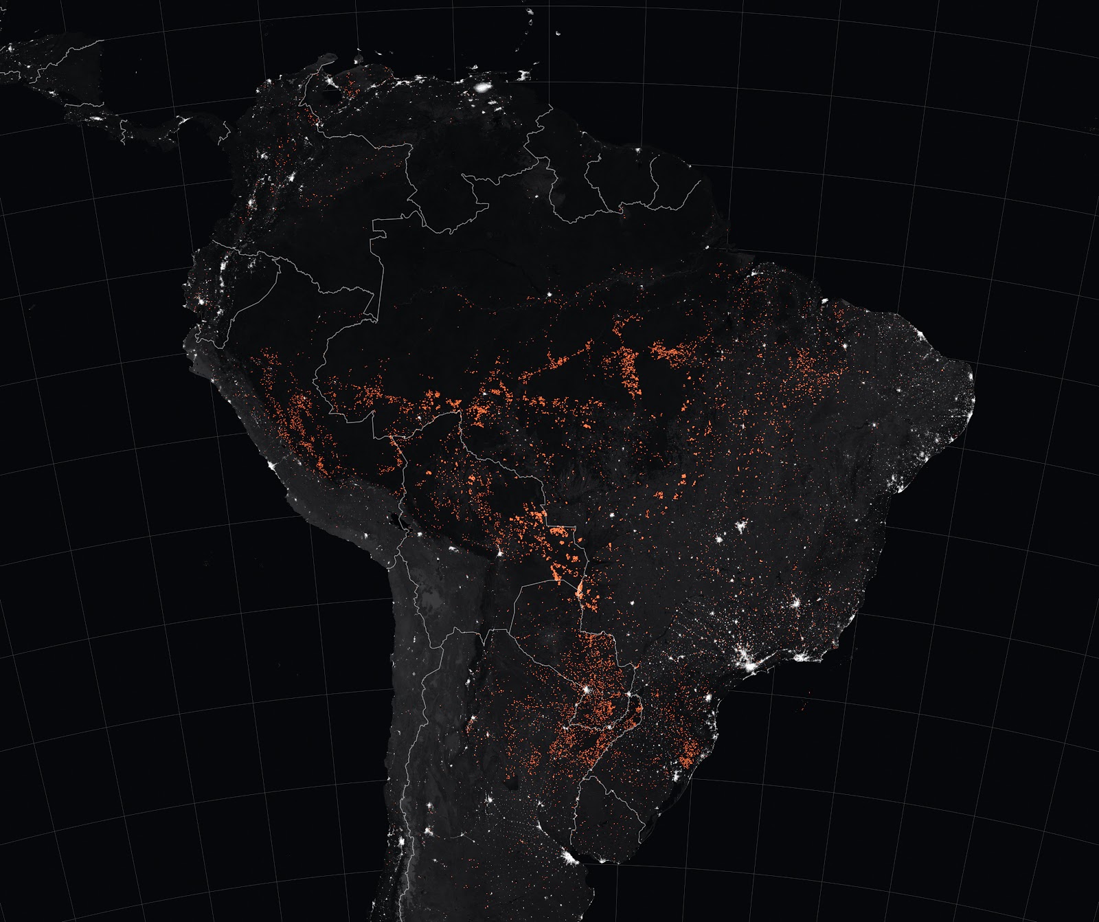 Posizione degli incendi in Sudamerica ad Agosto 2019