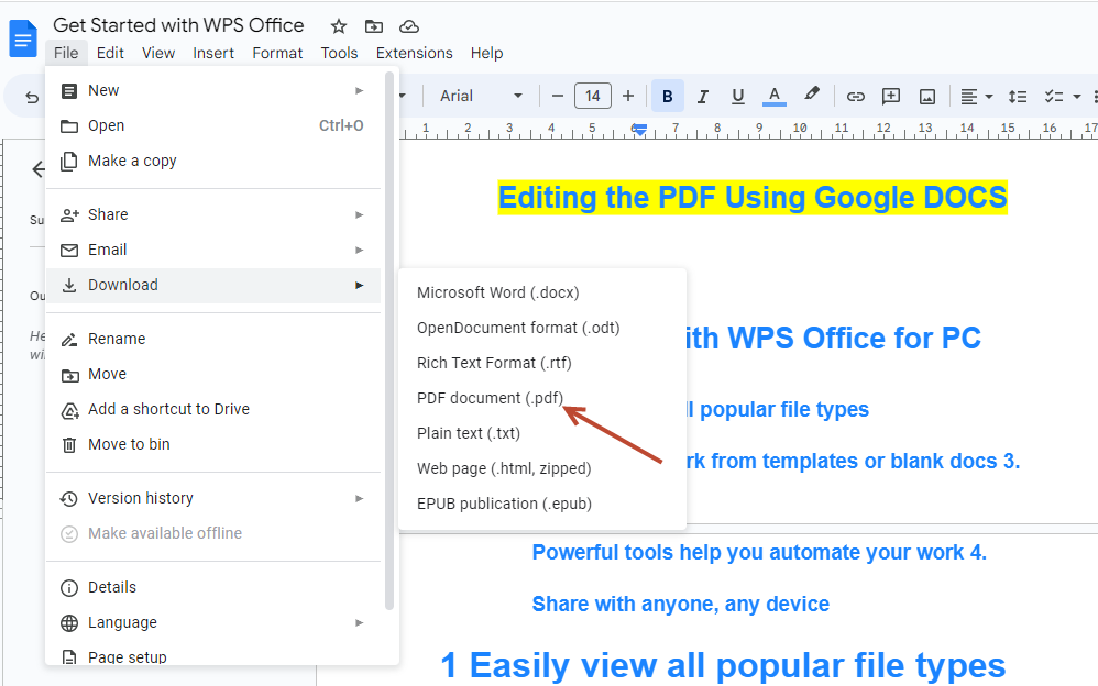 i-download ang na-edit na pdf sa Google Docs