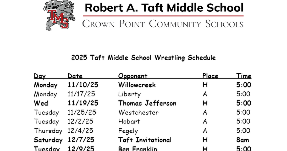 2022 Taft Middle School Wrestling Schedule Google Docs