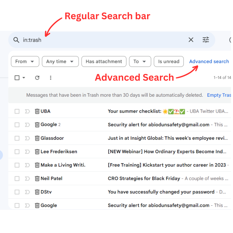 Input in:trash in Regular Search bar and Advanced Search in Gmail 