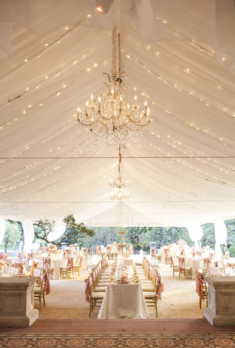 Beautiful Wedding Tent Ideas: Draped Fabric and Chandelier