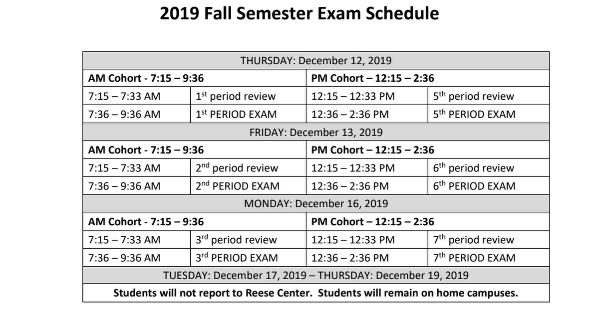 2019 Fall Semester Exam Schedule - Reese Center.pdf