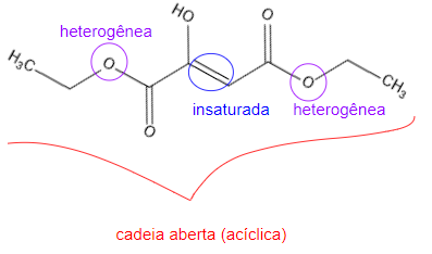 Imagem mostrando a estrutura da molécula:

H3C-CH2-COO-C(OH)=CH-COO-CH2-CH3

Circulando o hetroátomo, a insaturação e mostrando a cadeia aberta